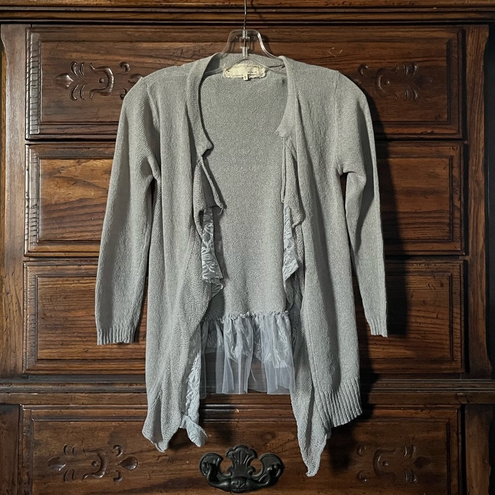 A'Reve Light Gray Ruffle and Lace Cardigan